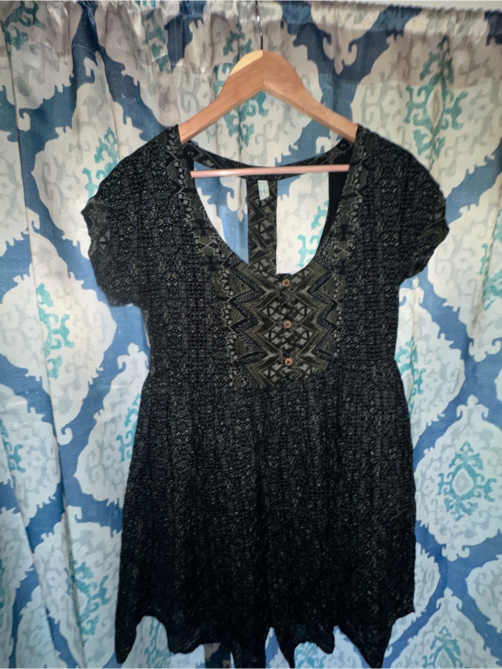 Free People Black Boho Print Mini Dress | Button Front | Size Small